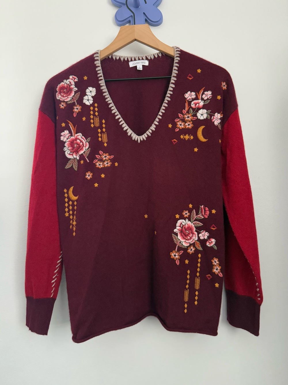 Johnny Was Medium Anacapri Cashmere Pullover Burgundy Maroon Boho Fall Winter